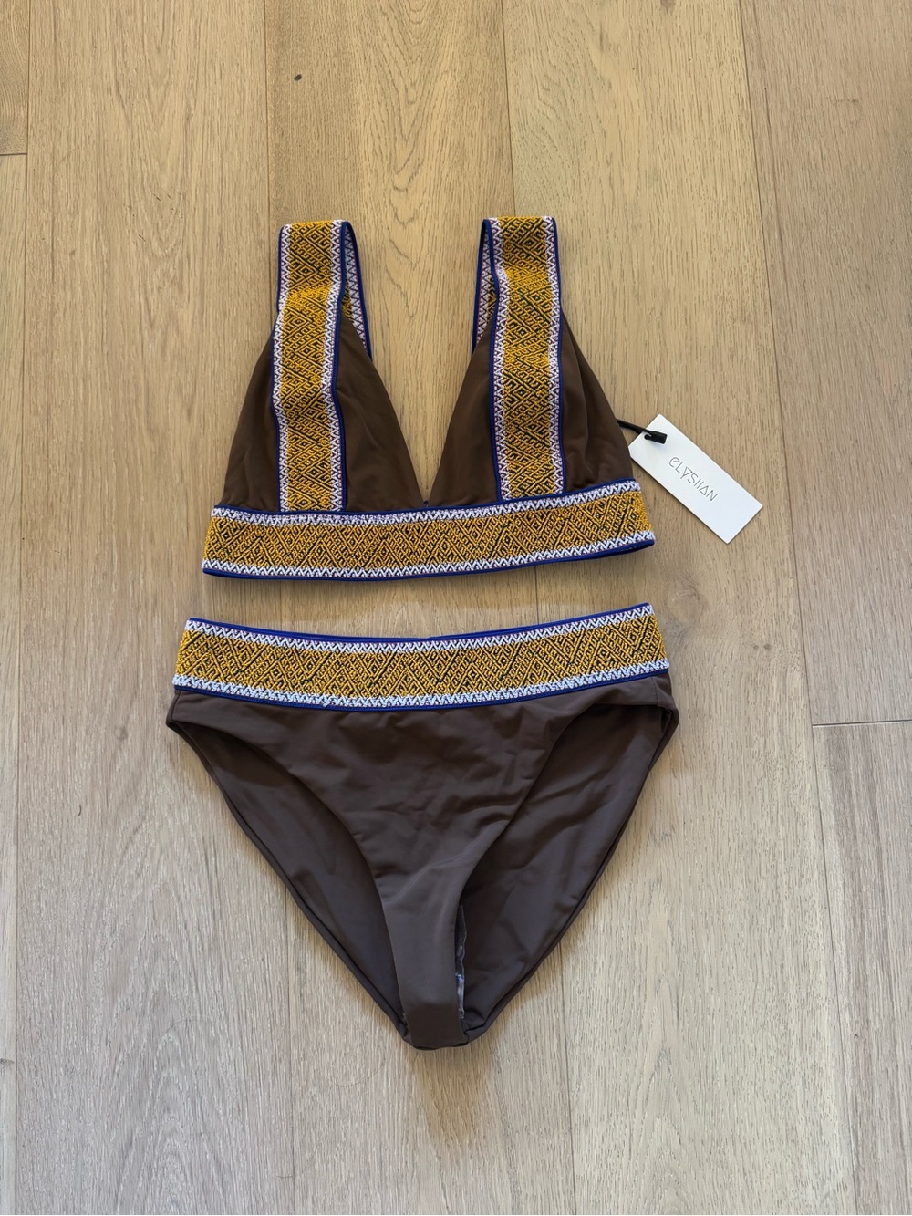 NWT Elysiian Women’s Brown Bikini with Gold and BlueTrim - Picture 2 of 4